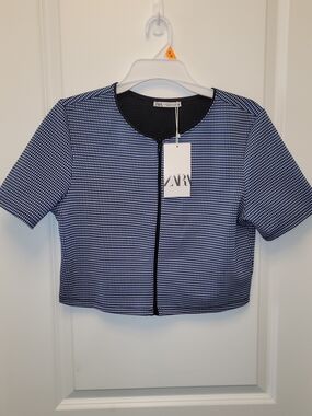 ZARA NWT XL Blue White Textured Cropped Zip Front Jacket Short Sleeve